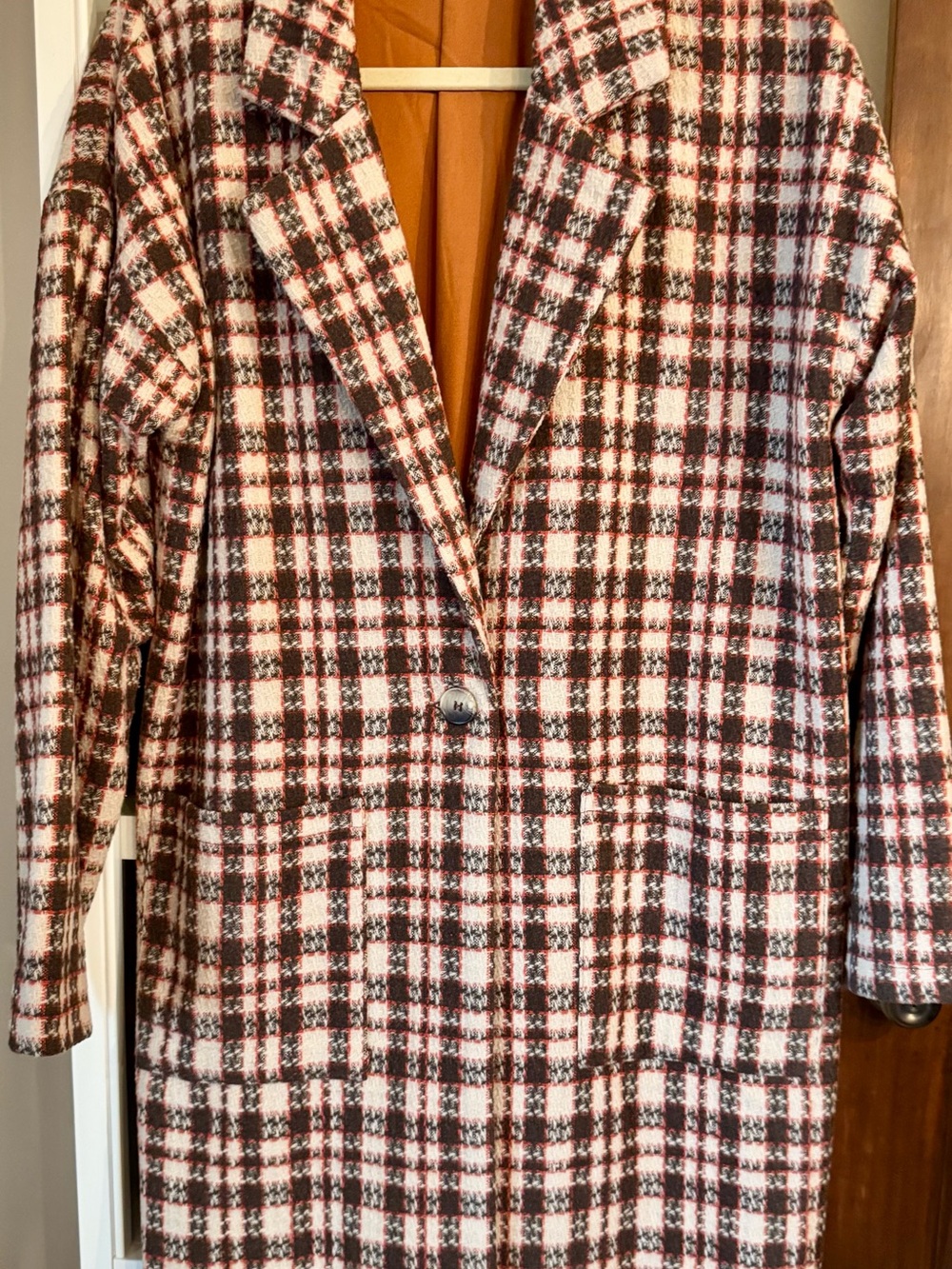 Mystree Plaid Single-Button Trench Coat in Brown and Cream